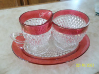 Indiana Glass Diamond Point Ruby Flash Creamer, Sugar Bowl & Pla