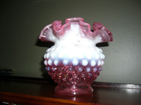 Fenton Pink Hobnail Rose Ruffled Rim Vase