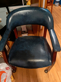 Office Guest Chair, Blue Vinyl, Mahogany Wood Finish