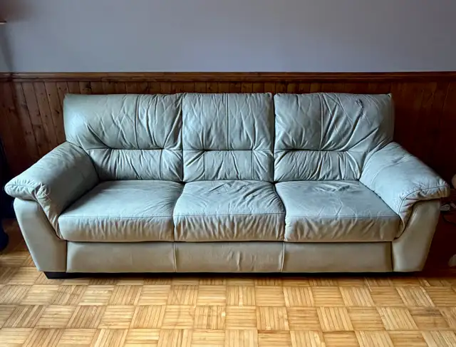 URGENT SALE: LEON'S GENUINE 100% LEATHER BEIGE SOFA SET