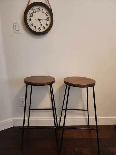 Pair of Wood & Metal Bar Stools – Rustic Industrial Style, View more