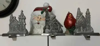 CHRISTMES CHRUCH - 3 items STOCKING . HOLDER Mantel OR Fireplace Metal -3 FOR - $20
