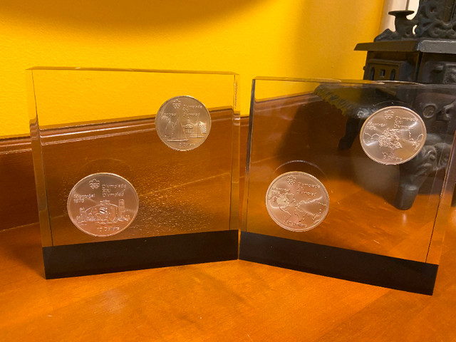 1976 Montreal Canada Olympic Silver Coins in Lucite Bookends in Arts & Collectibles in Oshawa / Durham Region