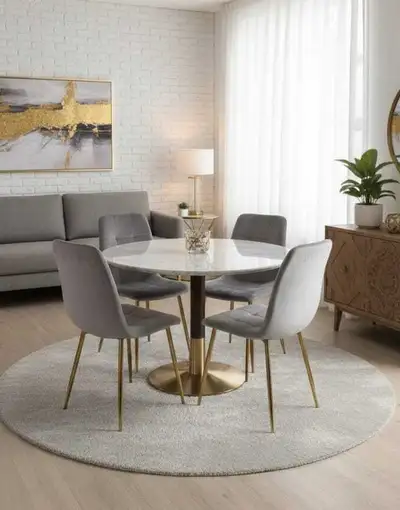 Round Marble Dining Table with Gold Base and Grey Chairs , View more