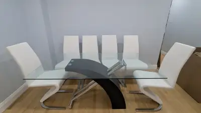 Modern Glass-Top Dining Table + 6 White Chairs, View more
