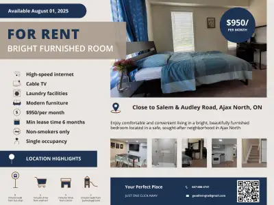 Beautiful Furnished Room for Rent in Ajax North – Ideal for One
