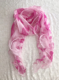 100% Silk 2-Layer Scarf Ruffle Floral Pink Elegant