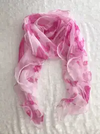 100% Silk 2-Layer Scarf Ruffle Floral Pink Elegant
