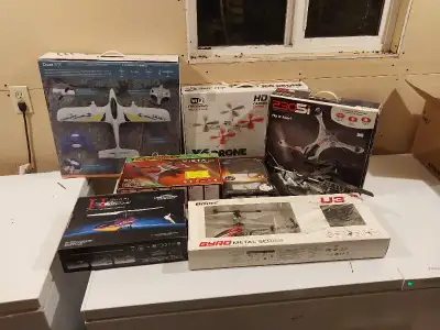 Most of them need work, a few work. 1 Airplane 3 Helicopters 3 Drons, 2 with Cameras 1 box of parts...