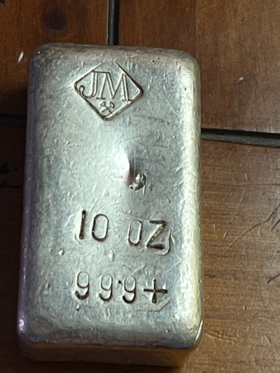 10 oz JM Johnson Matthey 999 Poured Vintage Silver Bar. Estimated Mintage less than 2000