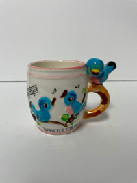 Vintage Ceramic “Whistle For Milk” Child’s Mug with Blue Birds