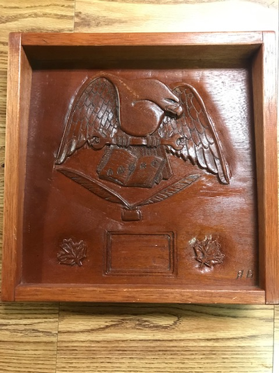 Heavy cedar, relief hand carved AMCRO (Aircraft Maintenance Control Records Officer) plaque with car...