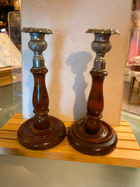 Vintage Pair Wood Candlesticks Top