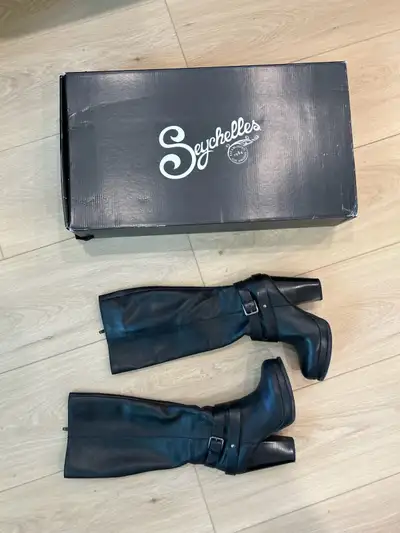 Seychelles Black Leather Knee High Heeled Boots (Size 6.5), View more