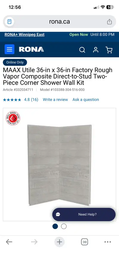 MAAX Utile 36-in x 36-in Factory Rough Vapor Composite Direct-to-Stud Two-Piece Corner Shower Wall K...