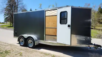 Canadian Trailer Company 7 x 14 plus 3 ft V nose, dual axels 6 height 1x1 walls & roof Rear ramp doo...