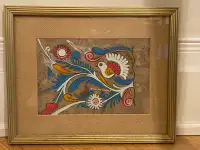 Vintage Mexican Folk Art Bark Painting With Vibrant Floral Bird