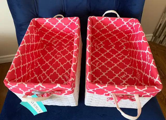 2 new storage-gift white baskets pink fabric lined Homesense in Bookcases & Shelving Units in Edmonton - Image 7