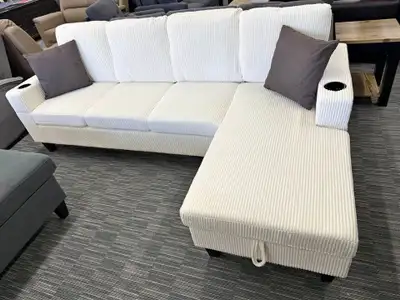 White Corduroy Sectional Sofa with Chaise, View more