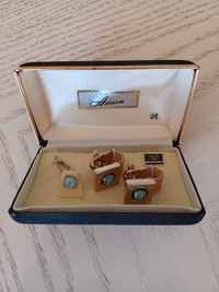 Vintage mesh wraparound cufflinks & tie pin with Genuine opal