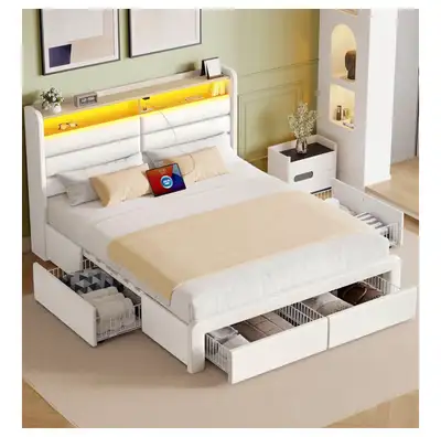 White double Bed frame - storage underneath/ Power included, View more