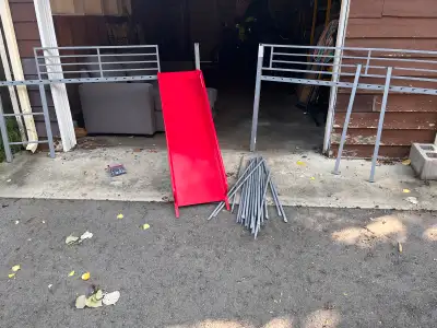 Kids twin bunk bed with slide. Dimensions are 78” x 41” and the slide extends 54”. Bed height is 30”...