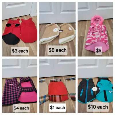 Brand NEW! • small dog jackets varying from $1-$10 each OR ALL 12 for $40 (* blue & black jackets w/...