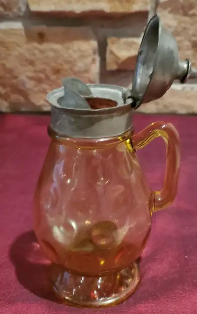 ANTIQUE 1880'S GLASS SYRUP PITCHER, View more