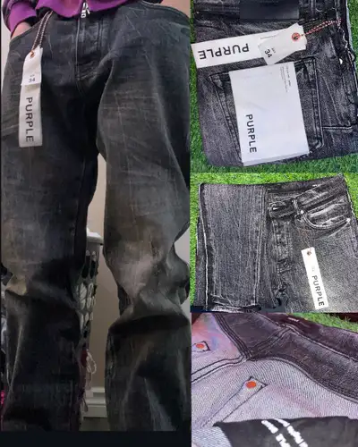 These are a stylish pair of Purple Brand jeans, size 34, featuring a unique distressed black jeans a...