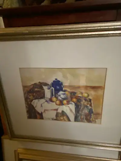 Tea and coffee and apples on a multi coloured table cloth, colourful artwork 20” wide by 18” high in...