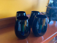 Set of Four Black Mirrored Glass Stemless Wine Tall Glasses
