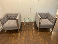 Love seat & 2 accent chairs + coffee table and side table.