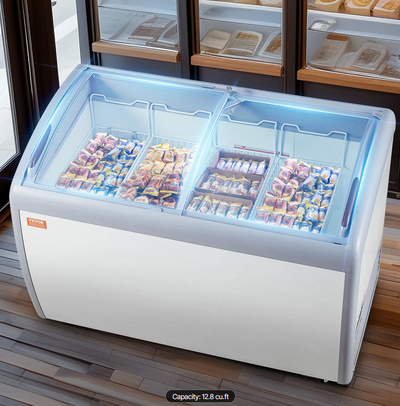 Commercial Ice Cream Display Case, 12.8 Cu.ft Chest Freezer, Mobile Glass Top Deep Freezer, Restaura...