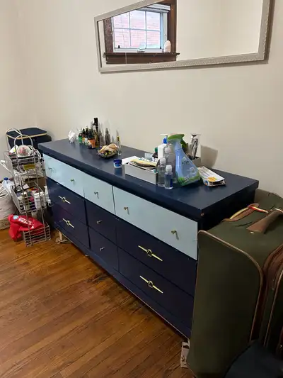 Hand-painted neoclassical dresser. Handpainted beautiful blue, with detailed drawer knobs.