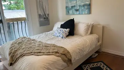 Queen bed frame and mattress $150, View more