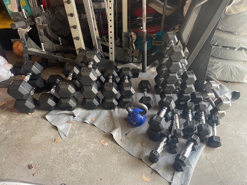 Dumbbells, weight plates, bars, kettles, racks, gym accessories