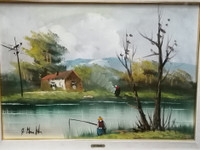 Peinture aquarelle paysage pêcheur eau maison arbre ciel montagn
