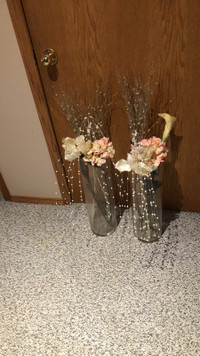 Large glass floral vase with artificial flowers