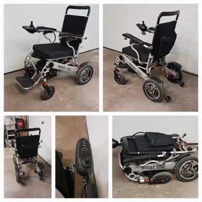 Used power chair, easy folding, lightweight, Airline approved, chair equipped with 4 shock absorbing...