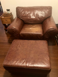Leather chair and ottoman , brown/plum