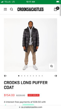Crooks & Castles Long Puffer Coat - Brand New with Tags Men’s XL