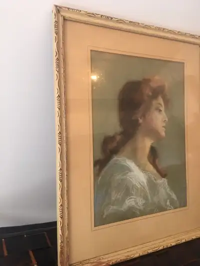 Antique singed pastel painting portrait of woman. 20”x15”., View more