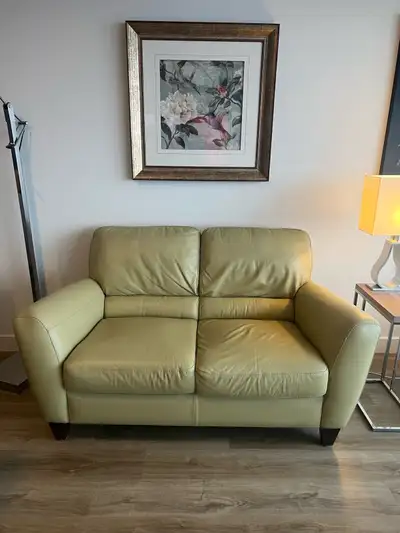 Superbe causeuse Natuzzi en superbe cuir et en excellente condition de couleur sauge Pattes en bois...