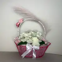 Light Up Battery Operated White and Pink Faux Flower Basket