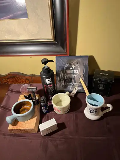Collection of shaving related items, View more