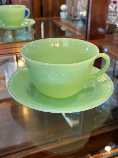 Vintage Fire King Jadeite Ribbed Jane Ray Cup and Saucer, View more