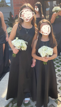 Two, black, satin, junior bridesmaid dresses, David's Bridal
