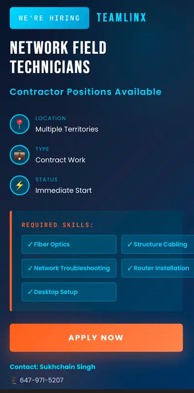 We are hiring Teamlinx Need field tech must have experience in structure cabling , Fiber splicing, n...