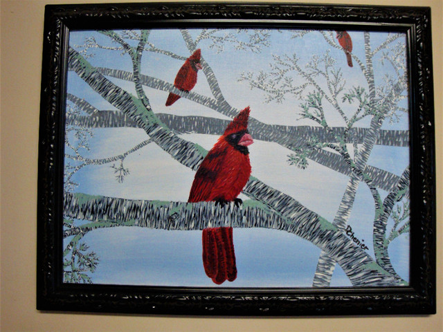 Acrylic Painting, Cardinals on Branch in Arts & Collectibles in Sudbury