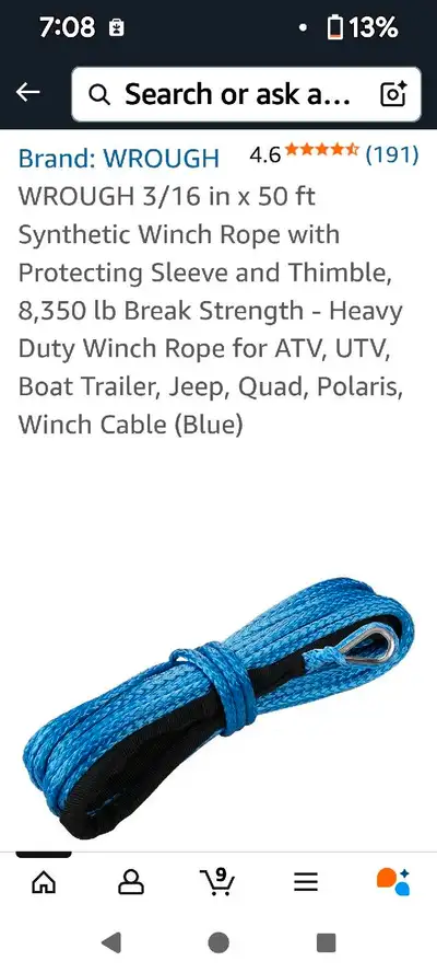 I am selling a Wrough 3/16 inch by 50 ft synthetic winch rope. It features a protective sleeve and t...